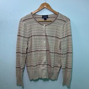 Lands' End Beige Striped Cotton Cardigan